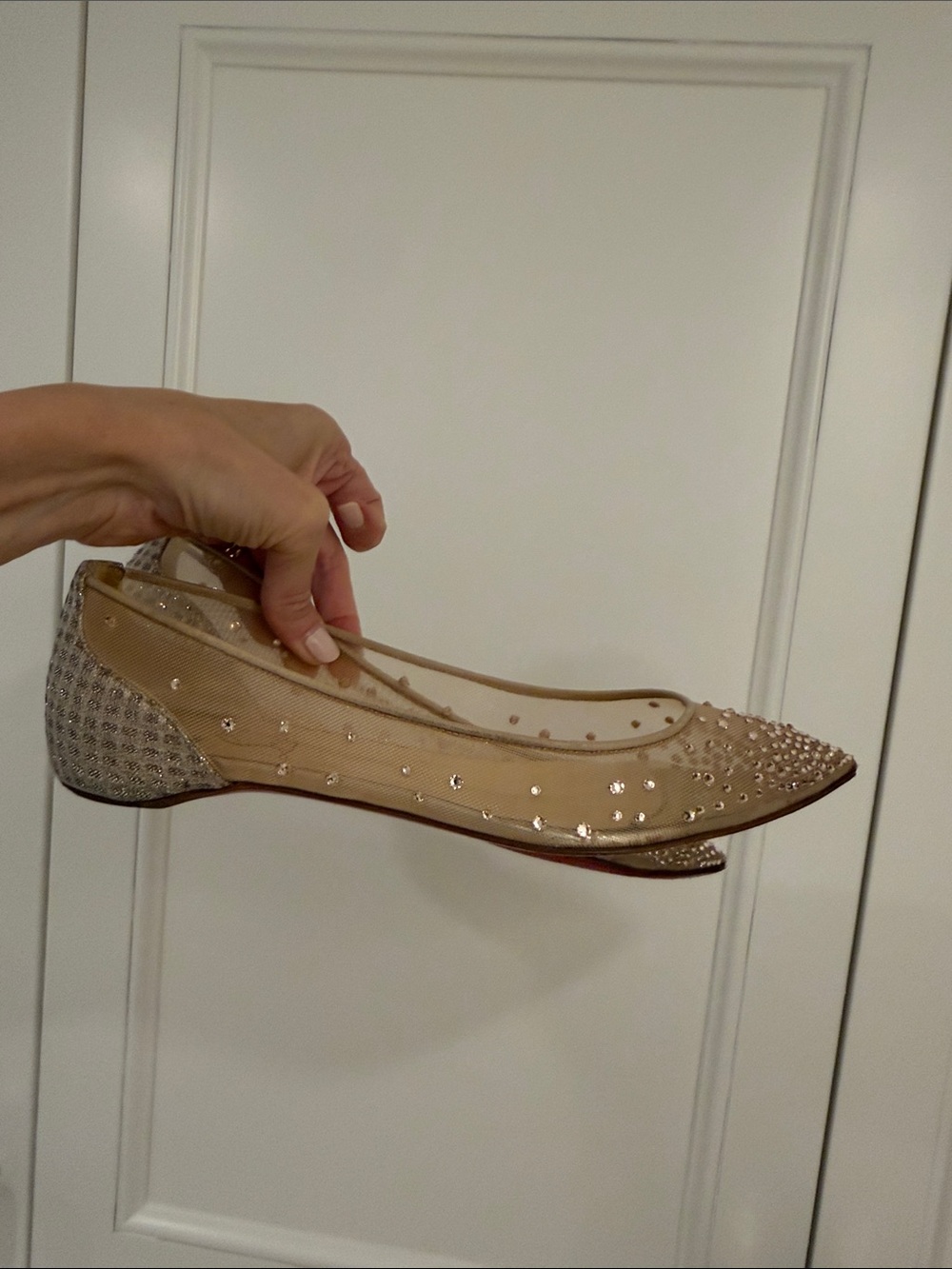 Christian Louboutin Nude Pointed Crystal-Embellished Flats - Picture 4 of 6